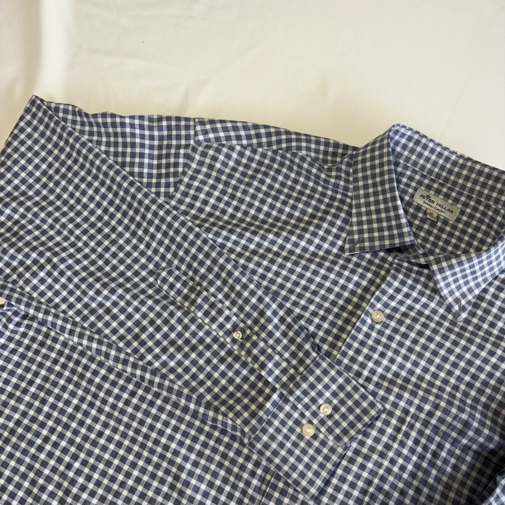 Peter Millar Button Down Shirt XL Navy White Gingham Summer Comfort MS21EW07BL